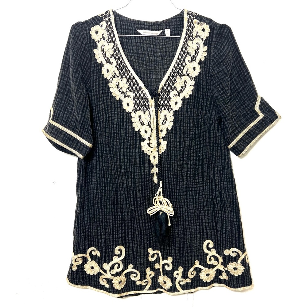 Soft Surroundings Sahara embroidered tunic top grey/black crinkle cotton Size XS